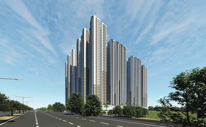 Street-level view of Prestige Golden Grove towers.
