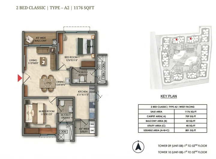 2 BHK Classic Type A2 1176 sqft floor plan of Prestige Golden Grove