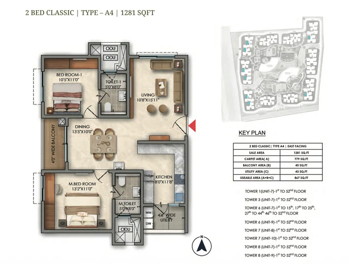 2 BHK Classic Type A4 1281 sqft floor plan of Prestige Golden Grove