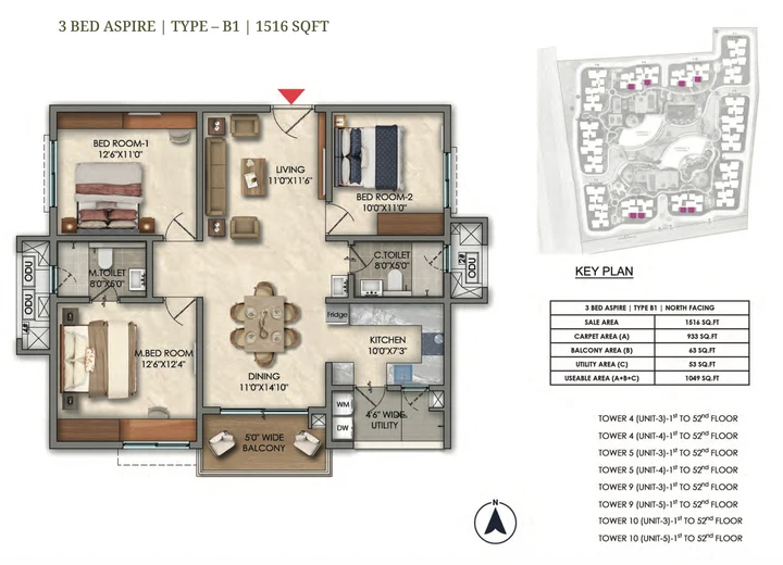 3 BHK Aspire B1 floor plan