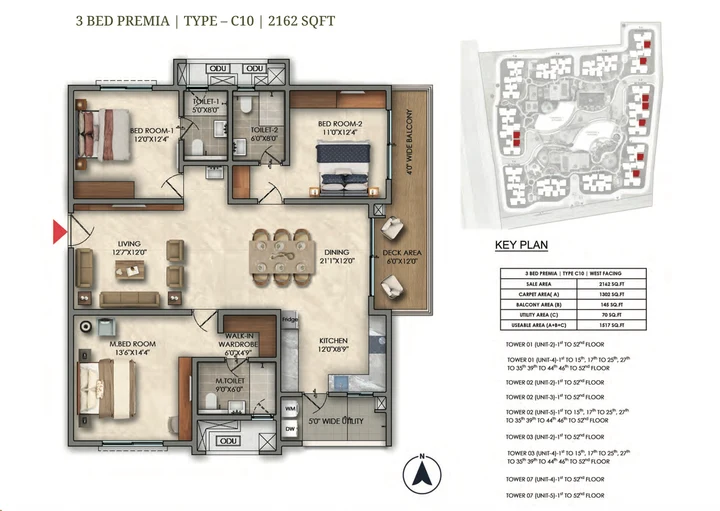 3 BHK Premia Type C10 2162 sqft floor plan of Prestige Golden Grove