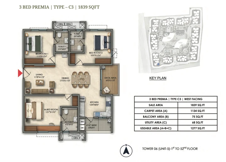 3 BHK Premia Type C3 1839 sqft floor plan of Prestige Golden Grove