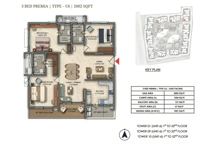 3 BHK Premia Type C6 2002 sqft floor plan of Prestige Golden Grove